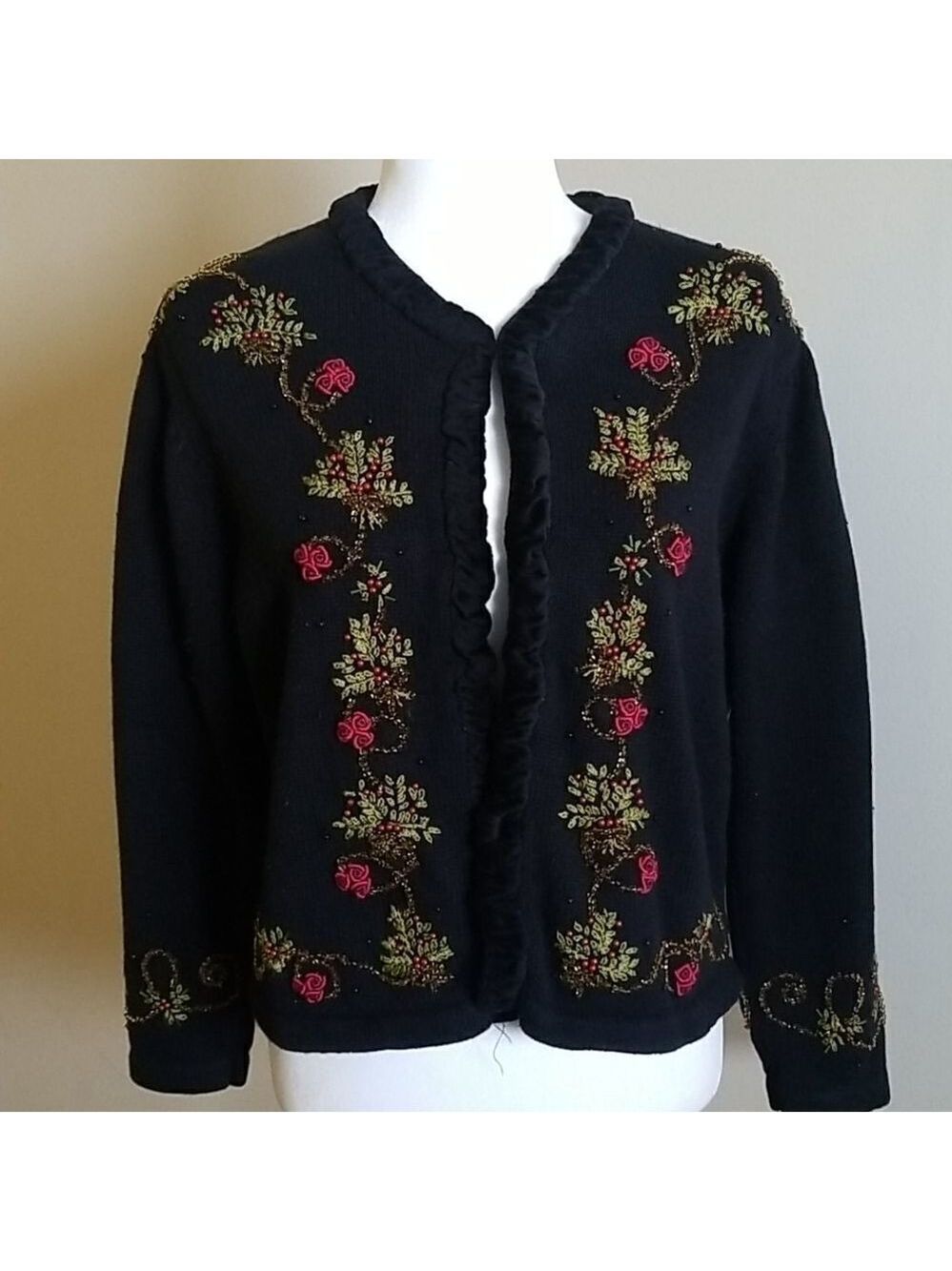 Winter Cardigan Black Red EUC SZ Large